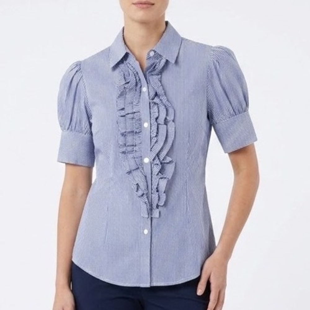 Miss Majesty Blue White Striped Ruffle Puff Sleeve Cotton Button Down Shirt
